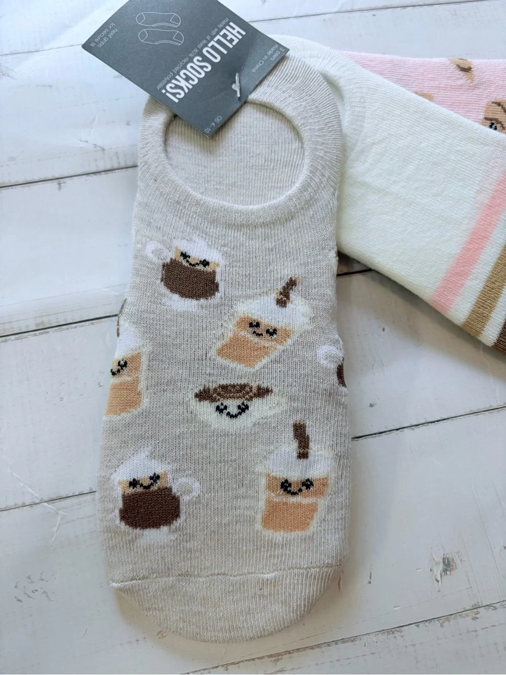 Hello Socks! Set of 3 Liners Coffee,Croissants Stripes NWT